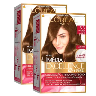 Kit 2 Tintura Creme Im&eacute;dia Excellence L'or&eacute;al Castanho Claro Dourado 5.3 Kit