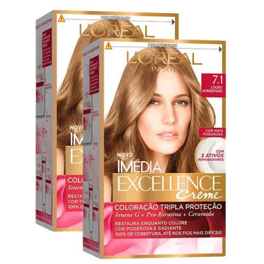 Kit 2 Tintura Creme Im&eacute;dia Excellence L'or&eacute;al Louro Acinzentado 7.1 Kit