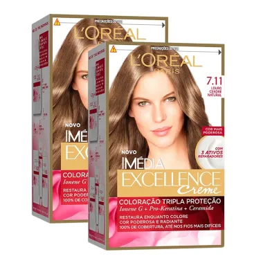Kit 2 Tintura Creme Im&eacute;dia Excellence L'or&eacute;al Louro Cendre Natural 7.11 Kit