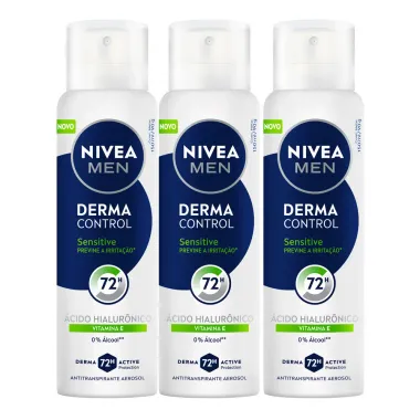 Kit 3 Desodorante Nivea Men Derma Control Sensitive Aerossol 72h Antitranspirante 150ml