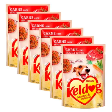 Kit 6 Ração Úmida para Cachorro Keldog Sabor Carne com Ervilha e Cenoura em Sachê 100g