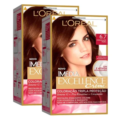 Kit 2 Tintura Creme Im&eacute;dia Excellence L'or&eacute;al Chocolate Puro 6.7 Kit