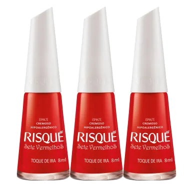 Kit 3 Esmalte Risqué 7 Vermelhos Cor Toque de Ira Hipoalergênico com 8ml