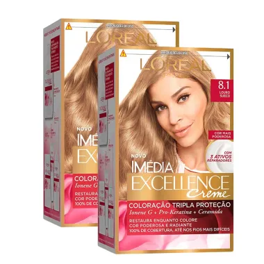 Kit 2 Tintura Creme Im&eacute;dia Excellence L'or&eacute;al Louro Sueco 8.1 Kit