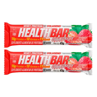 Kit 2 Barra de Proteína Health Bar Gourmet Whey Protein e Colágeno Helath Labs Iso Sabor Morango com Chantilly 45g