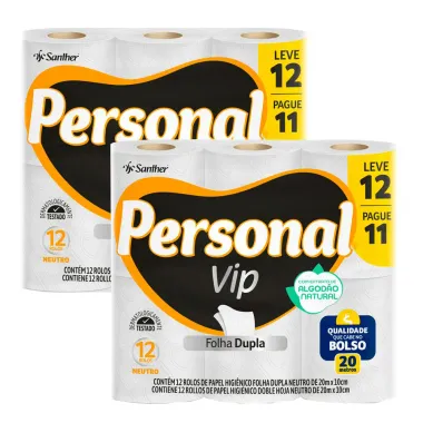 Kit 2 Papel Higiênico Personal Vip Neutro Folha Dupla Leve 12 Pague 11 Unidades