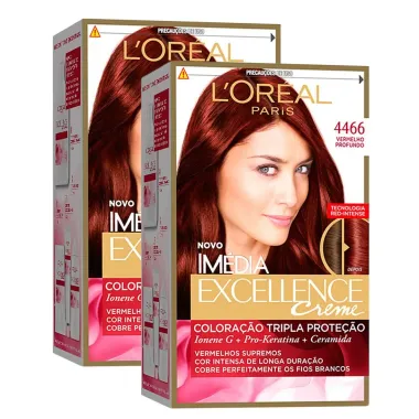 Kit 2 Tintura Creme Im&eacute;dia Excellence L'or&eacute;al Vermelho Profundo 4466 Kit