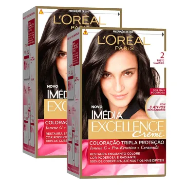 Kit 2 Tintura Creme Im&eacute;dia Excellence L'or&eacute;al Preto Cl&aacute;ssico 2 Kit