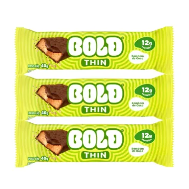 Kit 3 Barra de Proteína Bold Thin Sabor Bombom de Coco com 13g de Proteína 40g