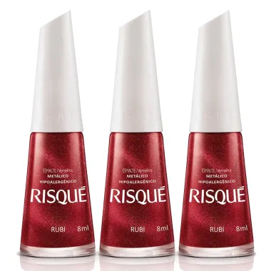 Kit 3 Esmalte Risqué Cor Rubi Hipoalergênico Metálico com 8ml