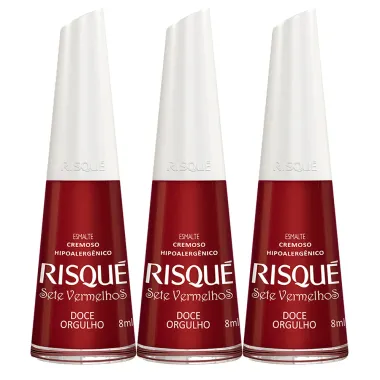Kit 3 Esmalte Risqué 7 Vermelhos Cor Doce Orgulho Hipoalergênico com 8ml