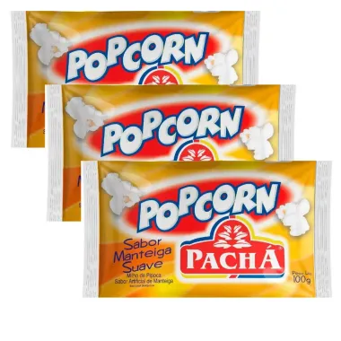 Kit 3 Pipoca para Microondas Pop Corn Pach&aacute; Sabor Manteiga Suave 100g