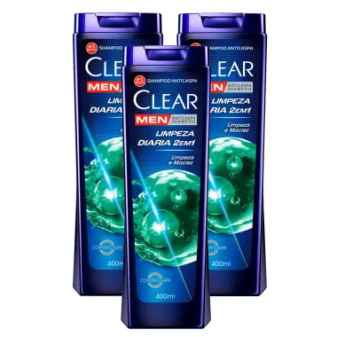Kit 3 Shampoo Clear Men Limpeza Di&aacute;ria 2 em 1 400ml