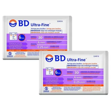 Kit 2 Seringa BD Ultra-Fine Insulina 30U Agulha Curta 6mm com 10 Unidades
