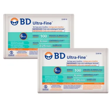 Kit 2 Seringa BD Ultra-Fine Insulina 100U Agulha Curta 6mm com 10 Unidades