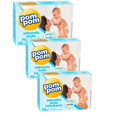 Kit 3 Sabonete em Barra Infantil Pom Pom Loção Hidratante 70g
