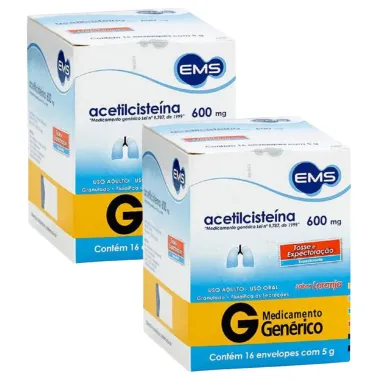 Kit 2 Acetilcisteína 600mg EMS Genérico Envelopes com 16 Unidades de 5g cada