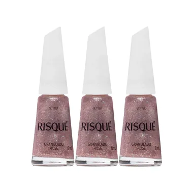 Kit 3 Esmalte Risqu&eacute; Cor Granulado Ros&eacute; Glitter com 8ml