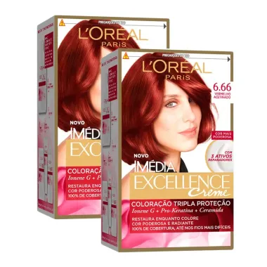 Kit 2 Tintura Creme Imédia Excellence L'oréal Vermelho Acetinado 6.66 Kit