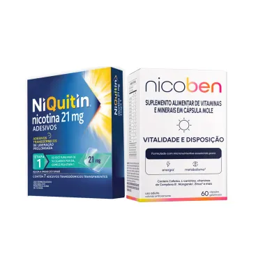 Kit NiQuitin 21mg Adesivo Transdermal com 7 unidades + Nicoben Gelatinosas Vitamina D P/ DIPs com 60 cápsulas