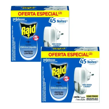 Kit 2 Aparelho Raid Elétrico Líquido 45 Noites 1 Aparelho + 1 Refil de 32,9ml Oferta Especial
