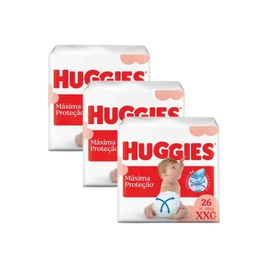 Kit 3 Fralda Huggies Supreme Care M&aacute;xima Prote&ccedil;&atilde;o Tamanho XXG Mega 26 Unidades Descart&aacute;veis