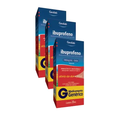 Ibuprofeno 100mg/ml Geolab Genérico Gotas com 20ml | Kit com três unidades