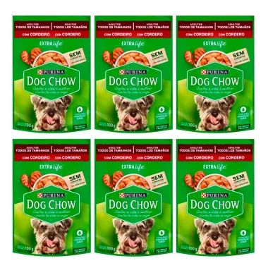 Kit 6 Ração para Cães Dog Chow Purina Extra Life Adultos Sabor Cordeiro Sachê 100g