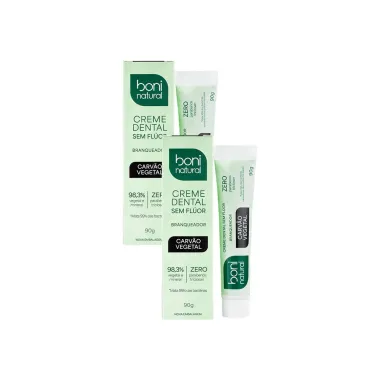 Kit 2 Creme Dental Boni Natural Branqueador Carv&atilde;o Vegetal Sem Fl&uacute;or 90g