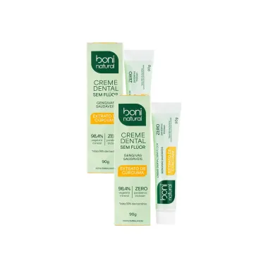 Kit 2 Creme Dental Boni Natural Gengivas Saud&aacute;veis Extrato de C&uacute;rcuma Sem Fl&uacute;or 90g