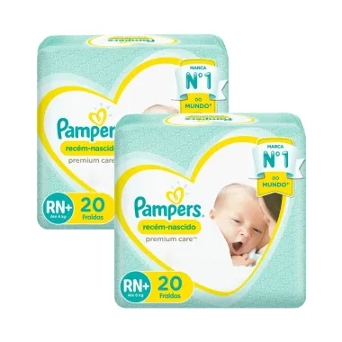 Kit 2 Fralda Pampers Rec&eacute;m-Nascido Premium Care RN+ com 20 Unidades
