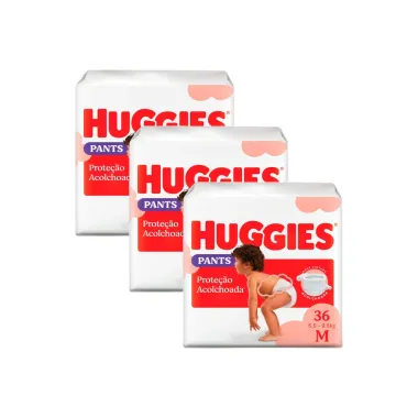 Kit 3 Fralda Huggies Supreme Care Pants Roupinha Prote&ccedil;&atilde;o Acolchoada Tamanho M Pacote Mega 36 Unidades Descart&aacute;veis