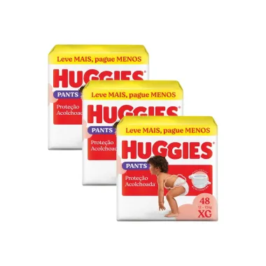 Kit 3 Fralda Huggies Supreme Care Pants Roupinha Prote&ccedil;&atilde;o Acolchoada Tamanho XG Pacote Hiper 48 Unidades Descart&aacute;veis