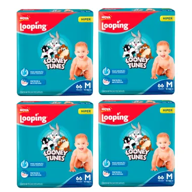 Kit 4 Fralda Looping Baby Looney Tunes Tamanho M Pacote Hiper com 66 Unidades Descartáveis