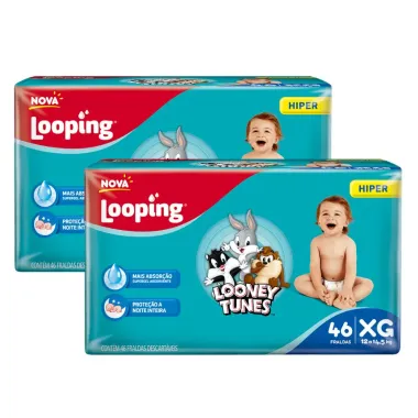 Kit 2 Fralda Looping Baby Looney Tunes Tamanho XG Pacote Hiper 46 Unidades Descartáveis