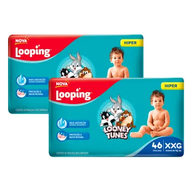 Kit 2 Fralda Looping Baby Looney Tunes Tamanho XXG Pacote Hiper 46 Unidades Descartáveis cada