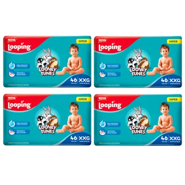Kit 4 Fralda Looping Baby Looney Tunes Tamanho XXG Pacote Hiper 46 Unidades Descartáveis cada