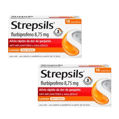 Kit 2 Strepsils Laranja Sem A&ccedil;&uacute;car com flurbiprofeno, anti-inflamat&oacute;rio e analg&eacute;sico.