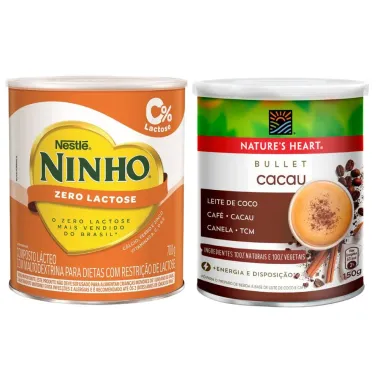 Kit Leite em P&oacute; NINHO Zero Lactose Lata 700g e Cacau em P&oacute; Bullet Nature's Heart 150g