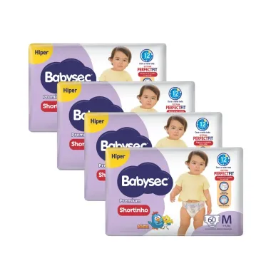 Kit 4 Fralda Shortinho Babysec Premium Tamanho M com 60 Fraldas Descartáveis