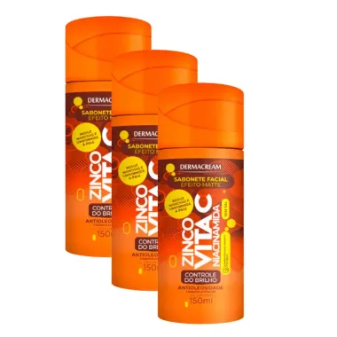 Kit 3 Sabonete Facial Efeito Matte Dermacream Zinco + Vita C Niacinamida 150ml
