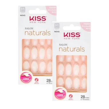 Kit 2 Unhas Posticas Kiss New York Salon Natural Amendoada M&eacute;dia com 28 Unidades