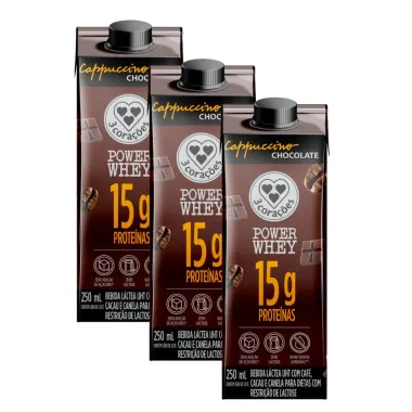 Kit 3 Bebida L&aacute;ctea 3 Cora&ccedil;&otilde;es Power Whey com 15g de Prote&iacute;na Cappuccino Chocolate 250ml