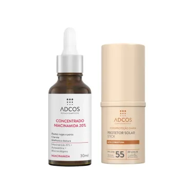 Concentrado Niacinamida 20% Adcos Sérum Facial 30ml e Protetor Solar Adcos Stick Alta Cobertura FPS 55 Beige 17g