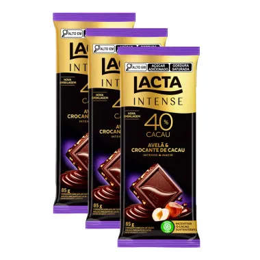 Kit 3 Chocolate Lacta Intense Nuts 40% Cacau Avelã e Crocante 85g