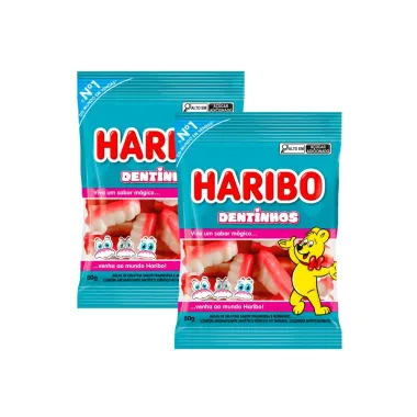 Kit 2 Balas de Gelatina Haribo Dentinhos Framboesa e Morango 80g