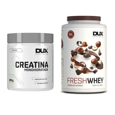 Kit Creatina Monohidratada Dux Sem Sabor 300g e Fresh Whey Dux Sabor Chocolate e Avel&atilde; com 20g de Prote&iacute;na 900g