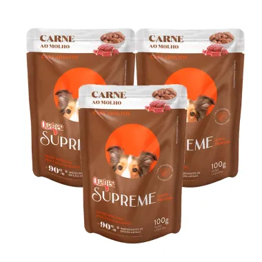 Kit 3 Ração Úmida para Cachorro Adulto Quatree Supreme Super Premium Sabor Carne ao Molho Sachê 100g