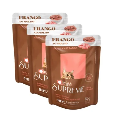 Kit 3 Ra&ccedil;&atilde;o &Uacute;mida para Gatos Castrados Quatree Supreme Super Premium Frango ao Molho 85g