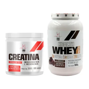 Kit Creatine Health Labs 300g e Health Whey Protein Health Labs Sabor Chocolate 900g